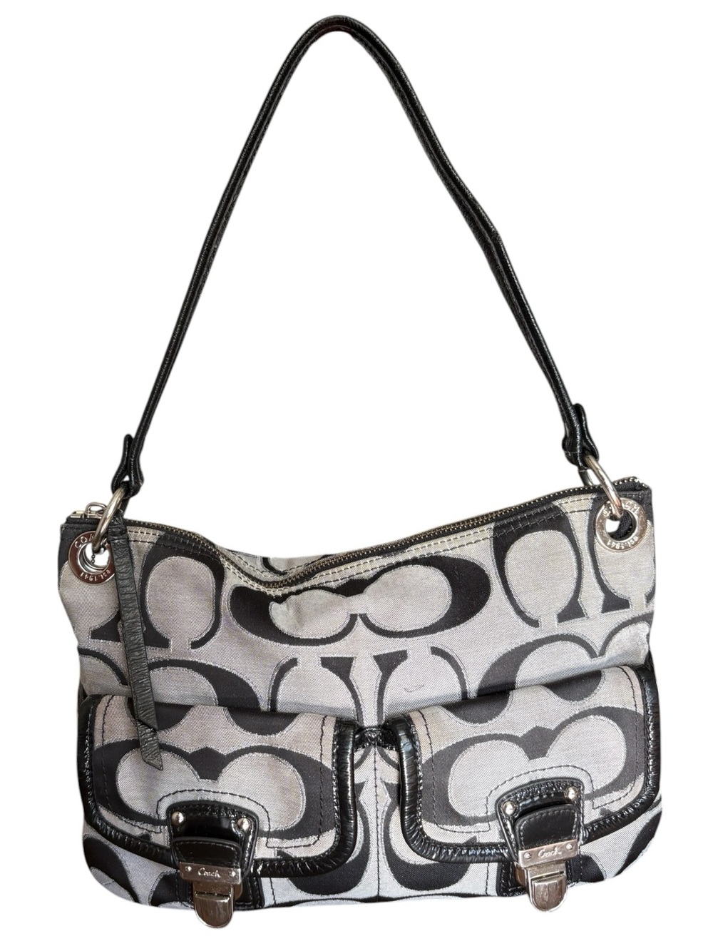 Coach 18980 Poppy Signature Canvas Shoulder Bag in Black Gray Silver